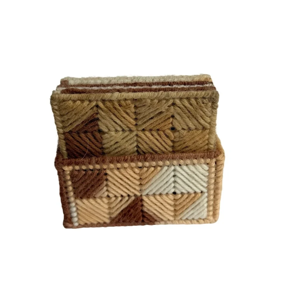 Vintage Handmade Plastic Canvas Coaster Set 7pc Brown Tan Geometric Boho Decor
